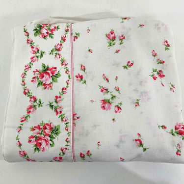Vintage Queen Flat Sheet Floral Flowers Bedding Cotton Fabric Pink Roses Flower Burlington House 1960s 