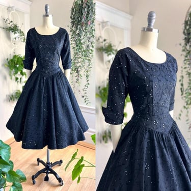 Vintage 1950s Dress | 50s R&K ORIGINAL Black Embroidered Eyelet Fit and Flare Circle Skirt Midi Evening Party Gown | small 