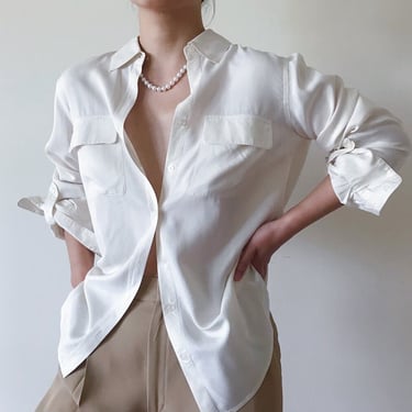 vintage silk blouse white minimalist silk top silk shirt classic design capsule wardrobe button down shirt size S/M 