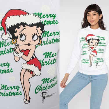 Betty Boop Sweatshirt 90s Pin Up Merry Christmas Sweatshirt Pinup Crewneck Pullover 1990s Graphic Cartoon Vintage White Jumper Small xs s 
