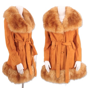 70s PENNY LANE suede & shearling trim coat L / vintage 1970s caramel almost famous coat fur jacket large 