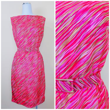 1960s Vintage Fred Rothschild Pink Abstract Print Wiggle Dress / 60s / Sixties Hot Pink Belted Pencil Skirt Dress / Small - Medium 