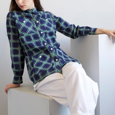 blue green plaid cotton shirt jacket / size S M 