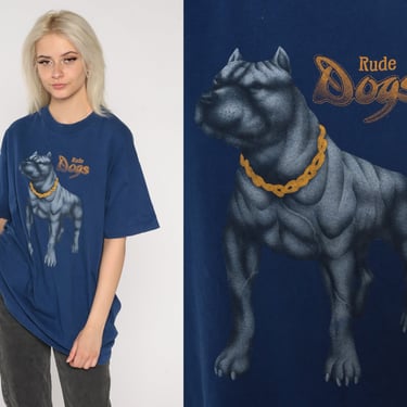 Rude Dogs T Shirt 90s Guard Dog Shirt Cane Corso Pit Bull T-Shirt Streetwear Animal Tshirt Blue Graphic Tee Vintage 1990s Extra Large xl 