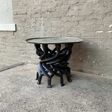 African Carved Figural Table with Copper Tray