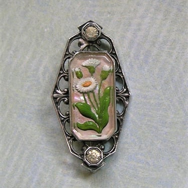 Antique Sterling Reverse Painted Intaglio Brooch, Mother of Pearl and Sterling Brooch Pin, C Clasp Jewelry, Victorian Shell Pin (#3964) 