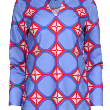 Elizabeth McKay - Periwinkle, Blue, Red &amp; White Geometric Print Cotton Tunic Sz 2
