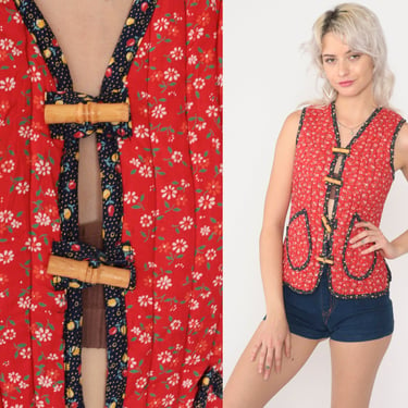 Quilted Floral Vest 70s Red Calico Print Hippie Boho Vest Sleeveless Festival Toggle Button Up Boho Top 1970s Bohemian Extra Small xs 0 
