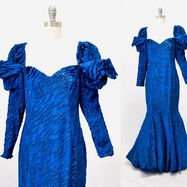 80s 90s Ball Gown Blue Silk Dress Dramatic Dynasty 80s Party Dress Small // Vintage 80s Pageant Princess Dress Ball Gown Cinderella Damaged 