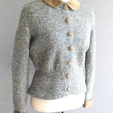 1940-50s - Knit Cardigan - Olive/Blue/Cream - Velvet Trim - Lined - Estimated size S 