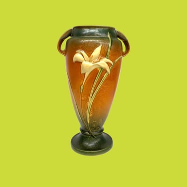 Vintage Roseville Pottery Vase Retro 1940s Zephyr + Lily Brown + 141 + 15 Inches + Ceramic + Art Deco + Flower or Plant Display + Home Decor 