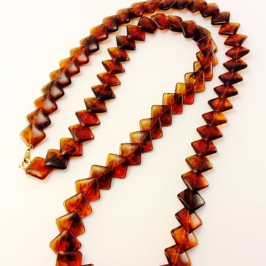 Vintage Tortoise Plastic Necklace Lucite Brown Marble Colored Diamond Cut Shaped Jewelry Geometric Design Amber Brown Long Boho Necklace 