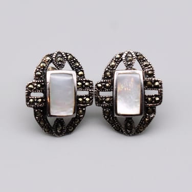 60's Art Deco 925 silver MOP marcasite studs, open oval sterling Mother of Pearl pyrite earrings 