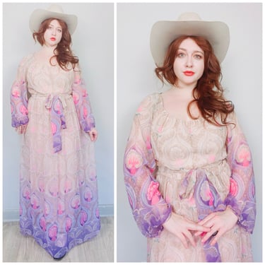 1970s Vintage Pink and Purple Chiffon Prairie Dress / 70s Romantic Floral Sheer Sleeve Maxi Dress / Size Large -XL 