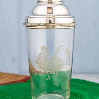 Vintage Silverplate & Etched Glass Rooster Cocktail Shaker