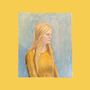 Vintage Portrait Painting 1970s Retro Size 24x20 Mid Century Modern + Blonde Womans Profile + Acrylic + Stretched Canvas + MCM Wall Decor 