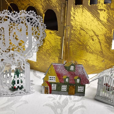 Christmas Ornaments Four 3D Laser Cut Set Solid Brass Enameled Intricate Cut House Bird Cage w Bird Garden w Tree Gate Joy Heart Rare Gift 