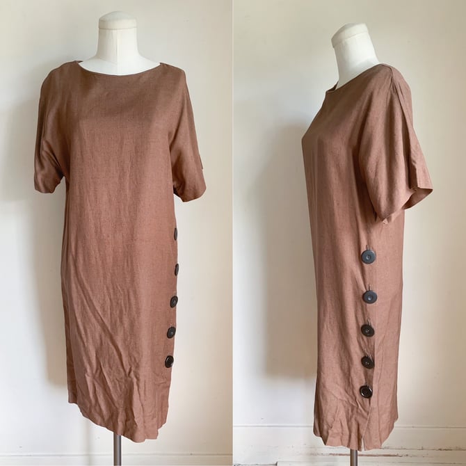 Vintage 1980s Brown Shift Dress with side buttons / M 