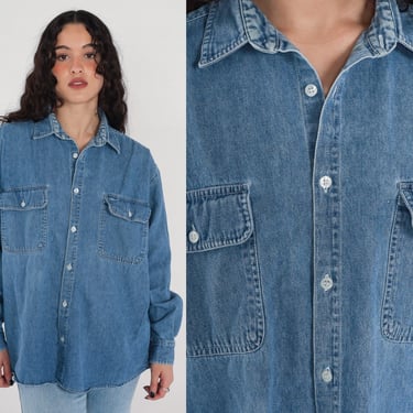90s Denim Shirt Blue Jean Button Up Blue Grunge Long Sleeve Boyfriend Shirt Chambray Simple Chest Pocket Cotton Vintage 1990s Mens Large 