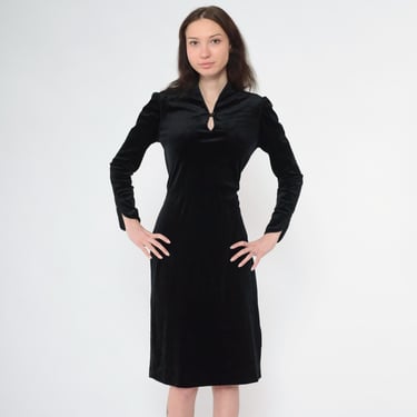 Vintage Black Velour Dress 80s Keyhole Neck Midi Length Fitted Long Sleeve Soft Stretch Bodycon 1980s Cocktail Evening Small S 