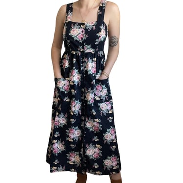 Vintage 90s Womens NWT Dark Floral Cotton Boho Prairie Tank Square Neck Dress 