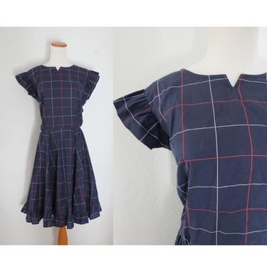 Vintage Plaid Dress - Women's Square Dance Costume - 60s 70s Cotton Blend Flutter Sleeve Casual Day Dress - Size XL 
