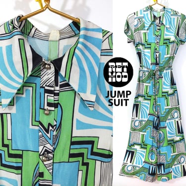 WHOA Vintage 60s 70s Blue Green Geometric Patterned Acetate Jumpsuit 