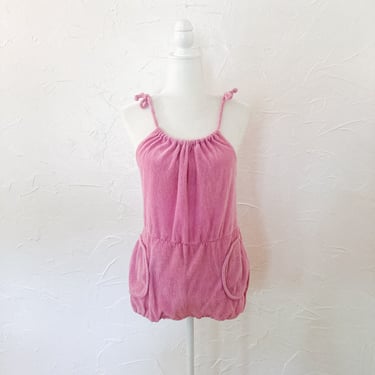 70s Orchid Pink Terrycloth Romper Playsuit with Tie Shoulders and Pockets | Small 