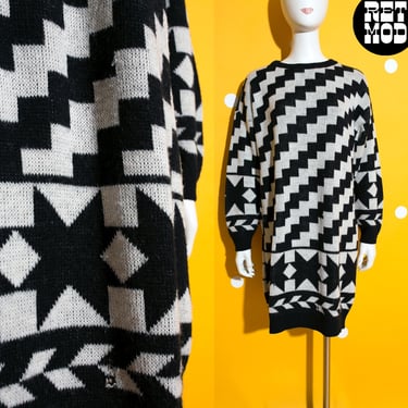 Bold Vintage 80s Black White Geometric Italian Sweater Dress by Qua Dro 