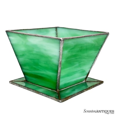 Antique Arts & Crafts Green Slag Glass Table Top Planter