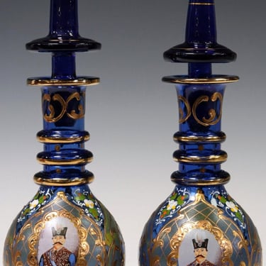 Antique Bohemian Moser Persian Market Enameled Gilt Light Cobalt Blue Glass Decanter Bottle Pair 19th Century 
