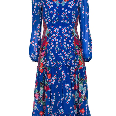 Saloni - Blue &amp; Multicolor Floral Print Tiered Silk Midi Dress Sz 8