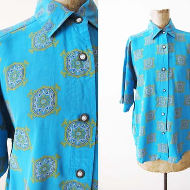 Vintage Collared Silk Shirt M L - 80s Blue Yellow Patterned Collared Top - Short Sleeve Silk Button Down - Vintage Patterned Shirt 