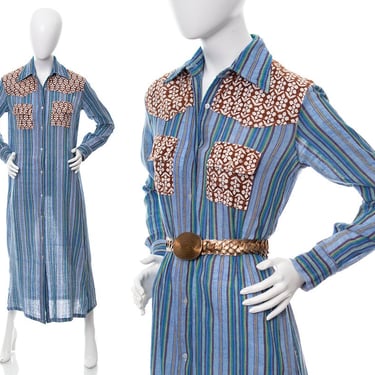 Vintage 1970s Dress | 70s Indian Cotton Gauze Striped Blue Patchwork Button Up Long Sleeve Boho Midi Shirtwaist Day Dress (medium/large) 