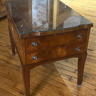 Glass Top Side Table w Leather Inlay