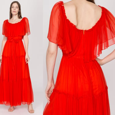 Small 70s Boho Blood Orange Chiffon Capelet Maxi Dress | Vintage A-Line Tiered Flowy Hippie Gown 