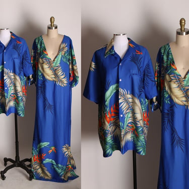 1970s Mens Blue Floral Button Up Hawaiian Shirt with Matching Hawaiian Dress Two Piece Honeymoon Set by Resort Line Hawaii -XL 