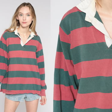Striped Rugby Shirt Red Green Polo Shirt 90s Shirt Long Sleeve Shirt Half Button Up 1990s Retro Vintage Norsport Extra Large xl 