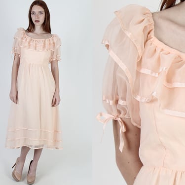 Vintage Peach Chiffon Maxi Dress / Sheer Ribbon Puff Sleeve Dress / 70s Simple One Color Bridesmaids Dress 