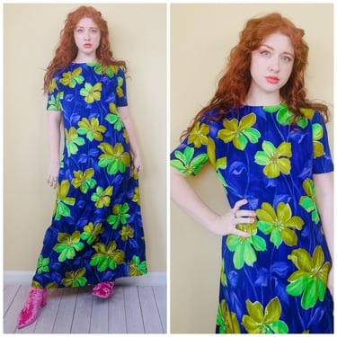 1960s Vintage Purple and Green Acrylic Maxi Dress / 60s Neon Psychedelic Hibiscus Hawaiian Dress / Large - XL 