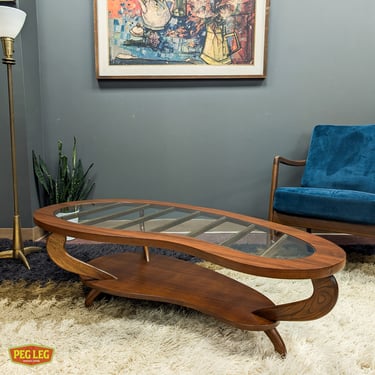 Mid-Century Modern walnut and glass kidney-shaped coffee table