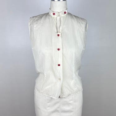 Vintage 50s White Sheer Blouse / 60s 1960s 1950s Vintage Waffle Nylon Tricot Top Red Buttons Small Medium 1950s Pin Up Pinup Rockabilly VLV 