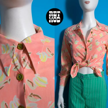 Lovely Vintage 70s Peachy Coral Floral Dagger Collar Slinky Shirt 