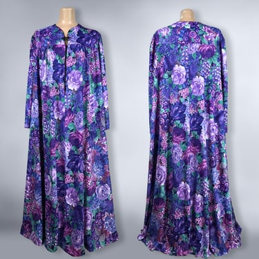 VINTAGE 80s Purple Floral Print House Dress Kaftan with Pockets By Roaman's XL, 1X, 2X | 1980s Plus Size Caftan Hostess Lounge Dress | VFG 