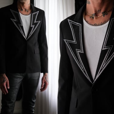 PHIX Black Crystal Embellished Lightning Bolt Lapel Single Button Blazer | Black & Silver | Size Medium | Designer Bowie Style Mens Jacket 