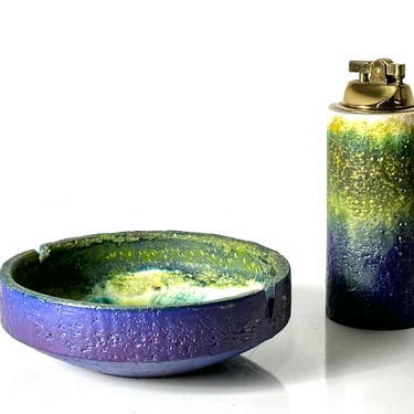 Vintage Marcello Fantoni for Raymor Ceramic Lighter and Ashtray Set 1950s Italian Pottery Mid Century Modern 