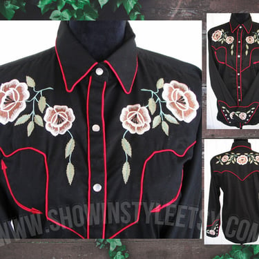 Crazy Cowgirl, Vintage Retro Western Women's Cowgirl Shirt, Embroidered Flowers & Leaves, BLEMISHED, Tag Size Medium (see meas. photo) 