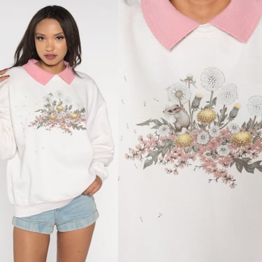 Mouse Sweatshirt 90s White Collared Sweatshirt Floral Dandelion Graphic Retro Grandma Sweater Slouchy Pink Vintage 1990s Morning Sun 2xl xxl 