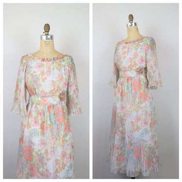 Vintage 1970s pleated floral dress, tea length, boat neck, flutter sleeve, sheer 