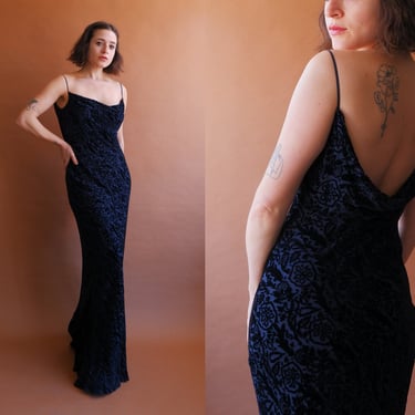 Vintage 90s Burnout Velvet Bias Cut Backless Gown/ 1990s Navy Blue Spaghetti Strap Dress/ Size Small 